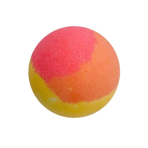 Miamm Bath Bomb in vibrant colors, shaped like a sphere, with a label indicating Fruit Loops scent, resting on a wooden surface.