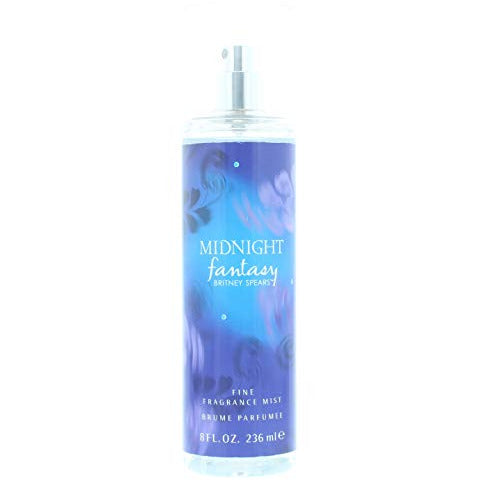 A bottle of Britney Spears Midnight Fantasy Fragrance Mist, featuring a sleek design with a dark blue hue and sparkling accents.