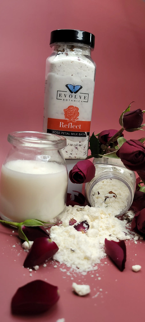 A luxurious Milk Bath - Reflect (Rose) package featuring coconut milk, rose petals, and natural ingredients for a soothing bath experience.