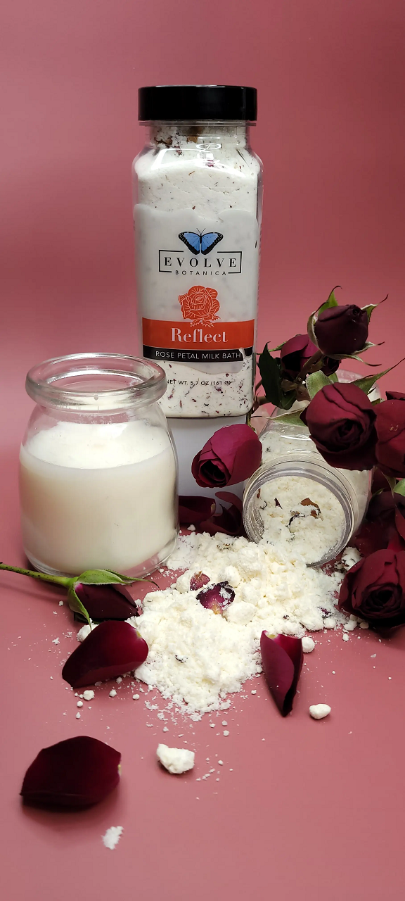 A luxurious Milk Bath - Reflect (Rose) package featuring coconut milk, rose petals, and natural ingredients for a soothing bath experience.