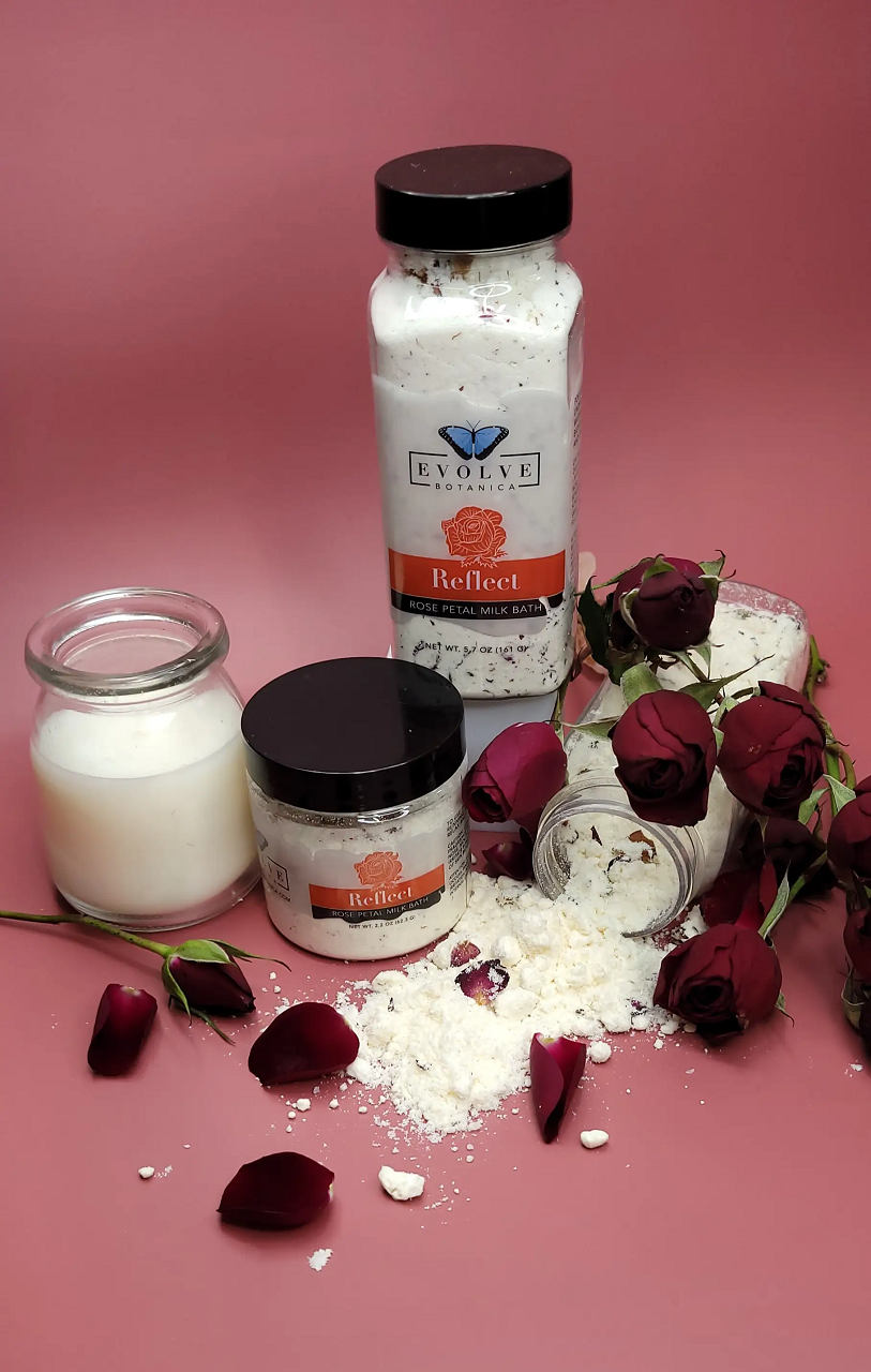 A luxurious Milk Bath - Reflect (Rose) package featuring coconut milk, rose petals, and natural ingredients for a soothing bath experience.