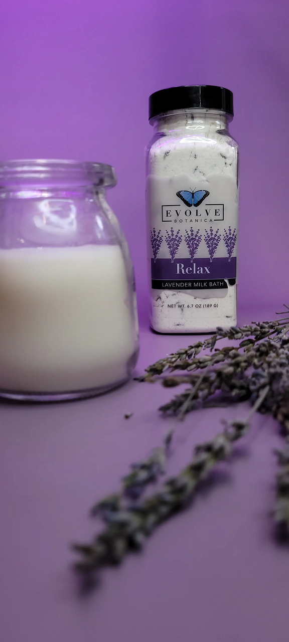 A luxurious lavender milk bath with coconut milk and lavender buds, perfect for relaxation.