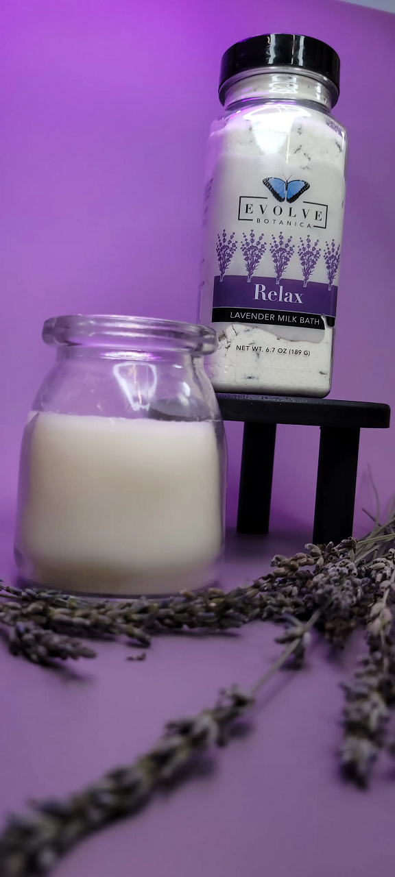 A luxurious lavender milk bath with coconut milk and lavender buds, perfect for relaxation.