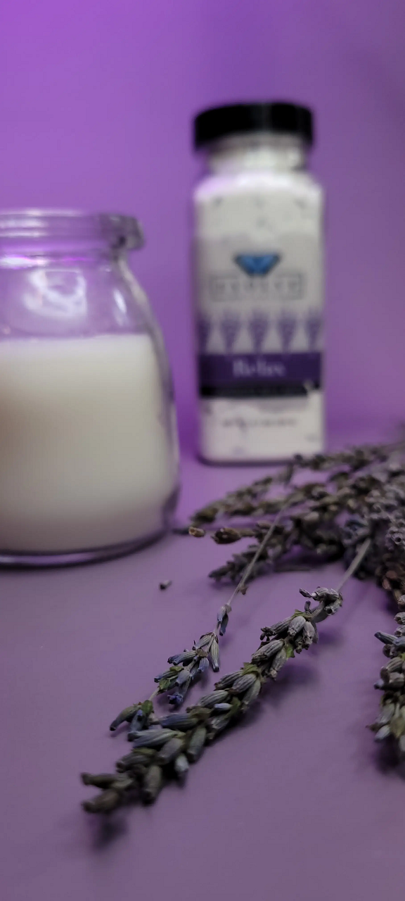 A luxurious lavender milk bath with coconut milk and lavender buds, perfect for relaxation.