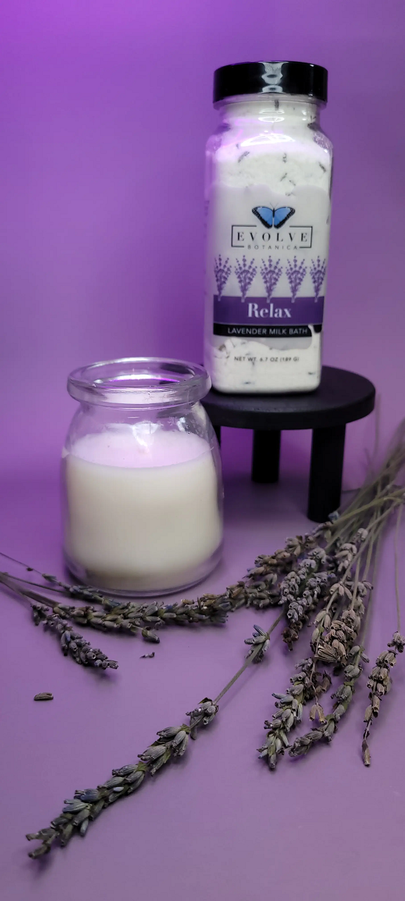 A luxurious lavender milk bath with coconut milk and lavender buds, perfect for relaxation.