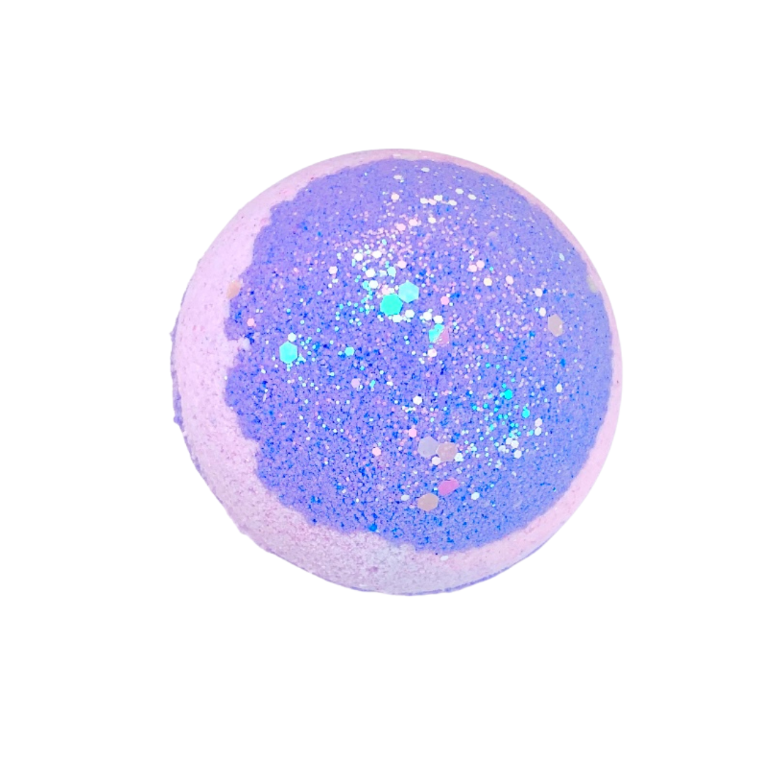 Milky Way Bath Bomb in vibrant colors with melon and pear scent, showcasing its handmade quality and biodegradable glitter.