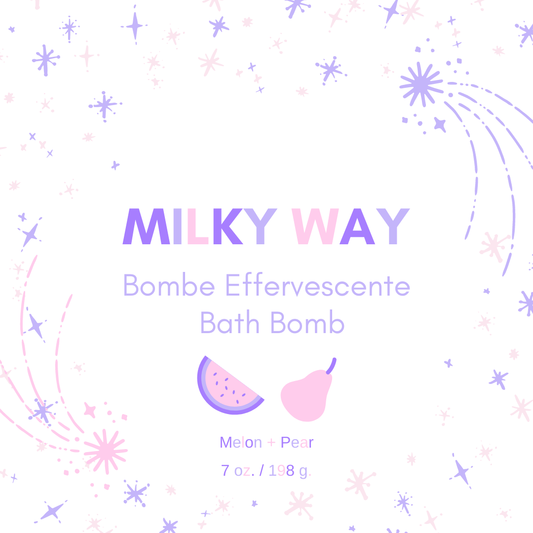 Milky Way Bath Bomb in vibrant colors with melon and pear scent, showcasing its handmade quality and biodegradable glitter.