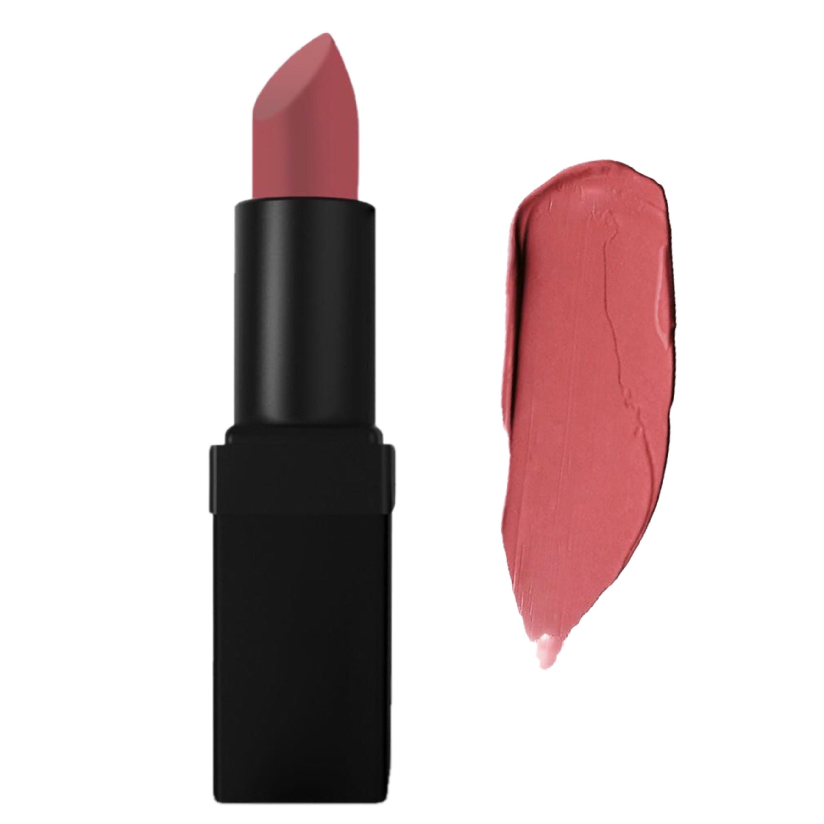 Mimi Lipstick in Rosed Pink showcasing its matte texture and vibrant color, perfect for enhancing lips with a long-lasting finish.