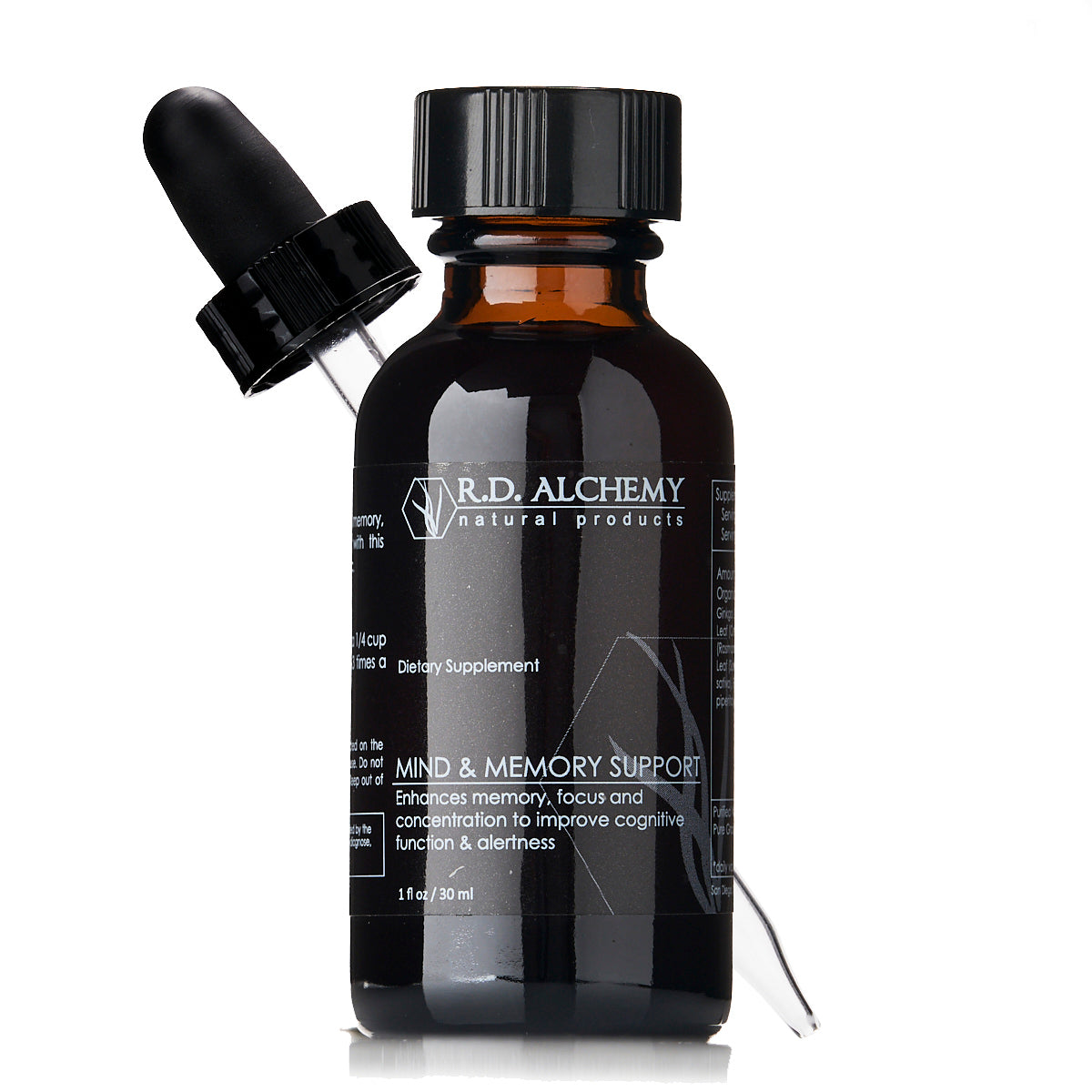 A bottle of Mind & Memory Support Extract with a dropper, showcasing its natural ingredients and 1 fl oz size.