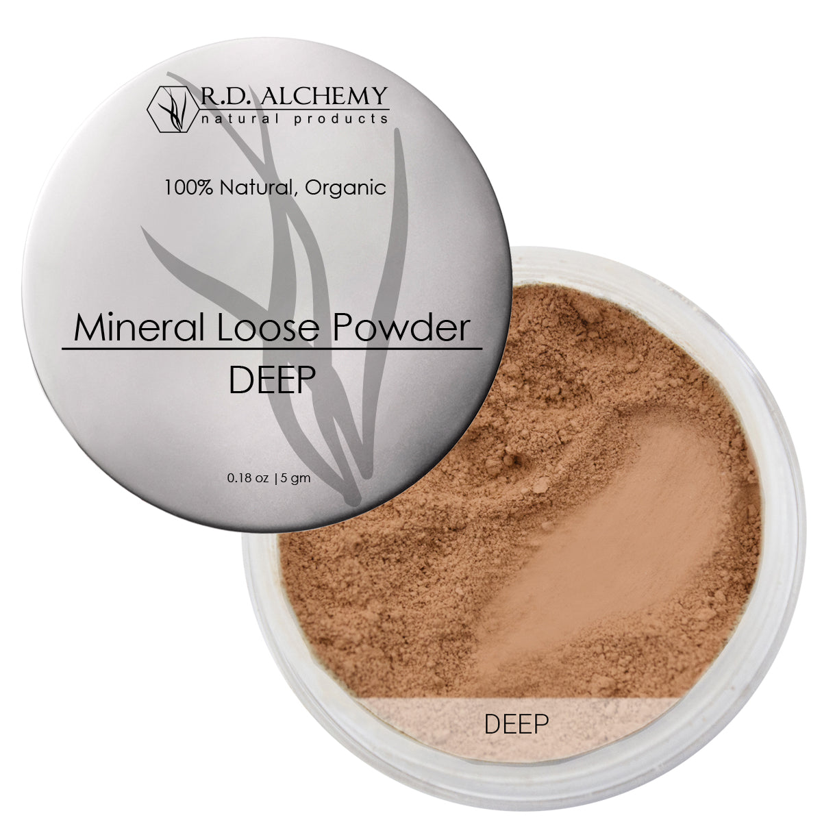 A jar of Mineral Loose Powder showcasing its fine texture and lightweight formula, ideal for normal to oily skin types.