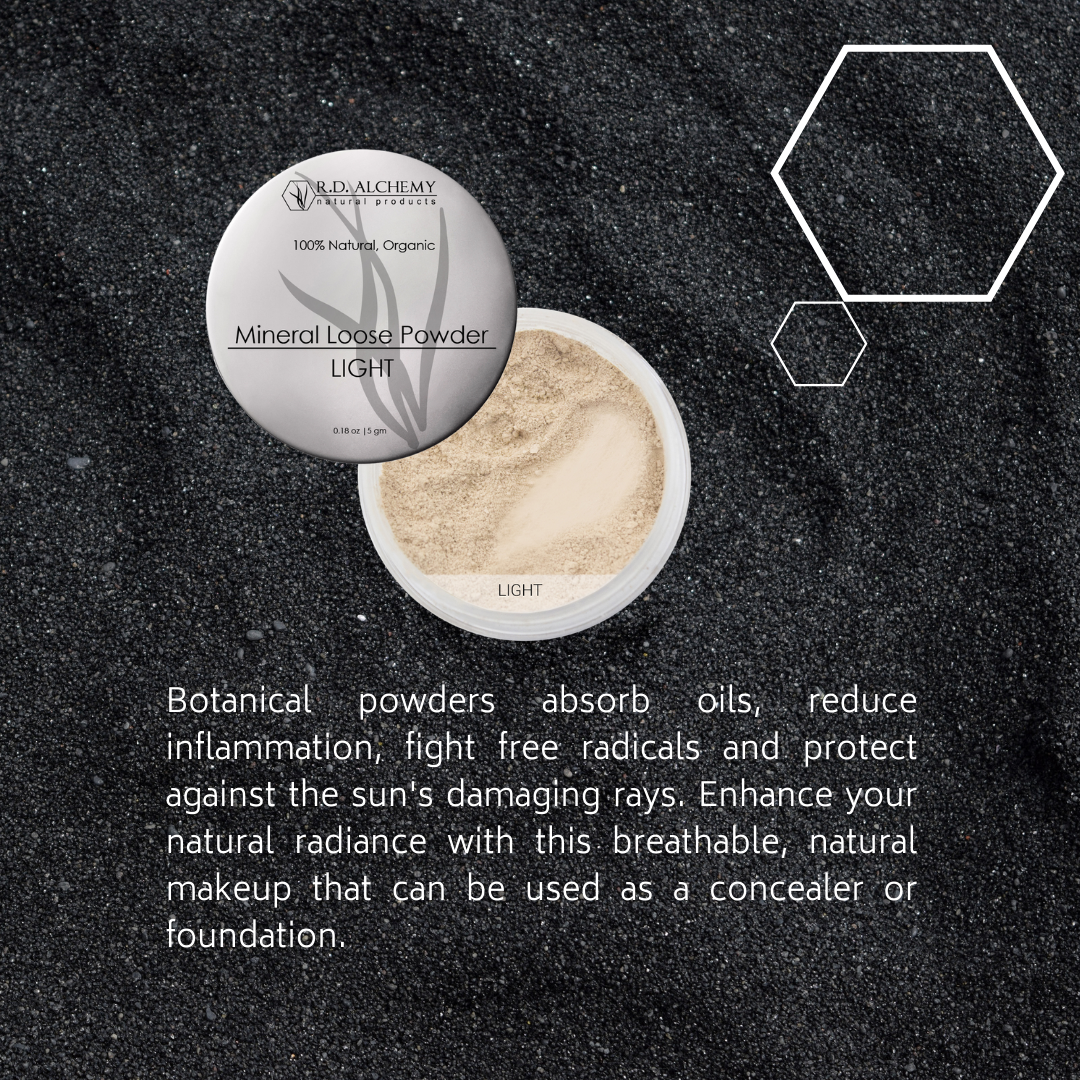 A jar of Mineral Loose Powder showcasing its fine texture and lightweight formula, ideal for normal to oily skin types.