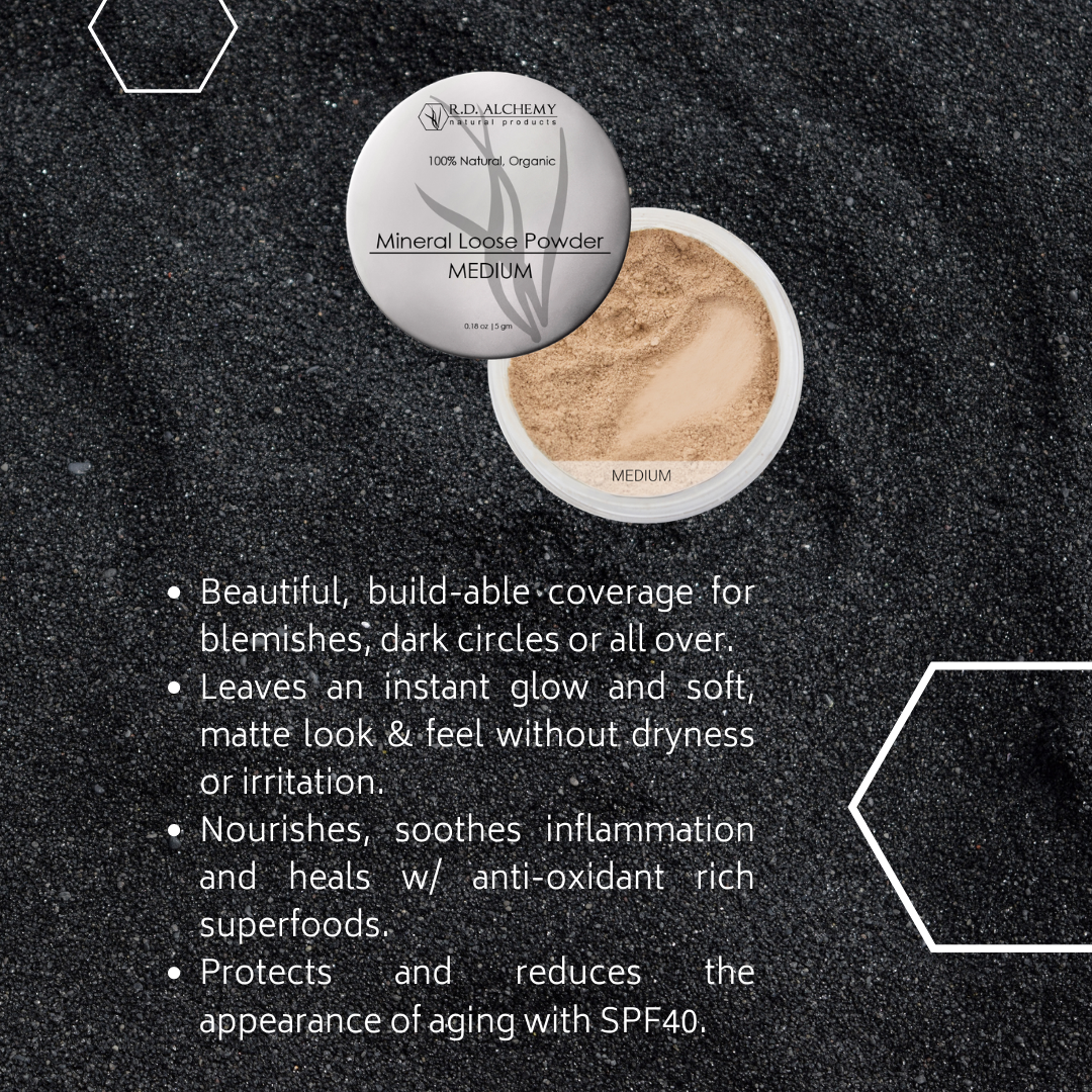 A jar of Mineral Loose Powder showcasing its fine texture and lightweight formula, ideal for normal to oily skin types.