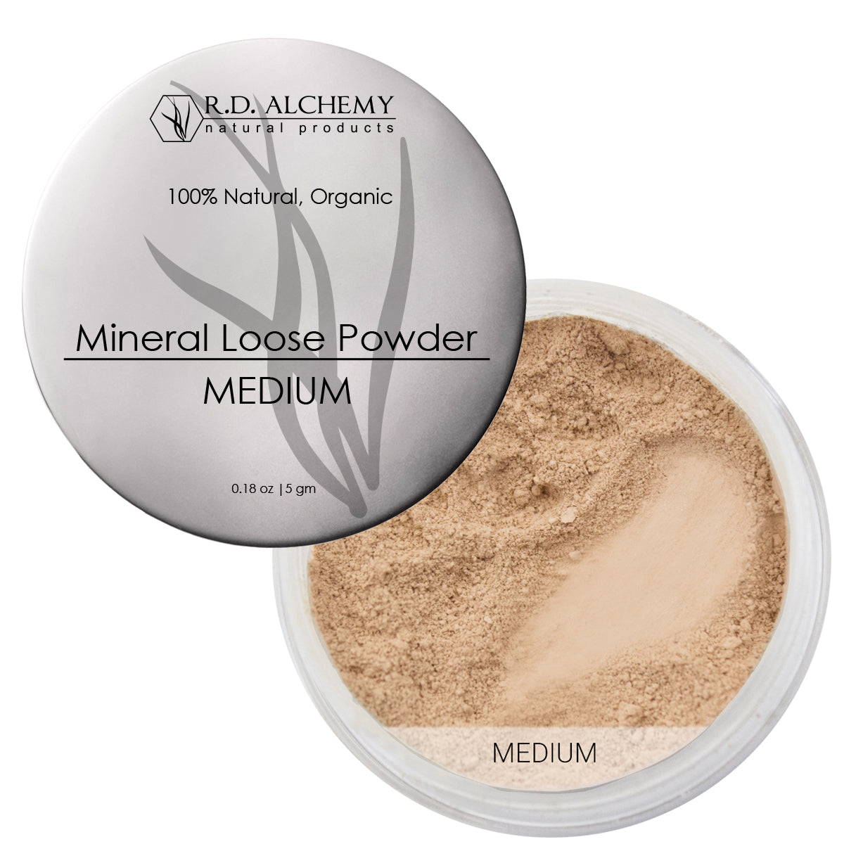 A jar of Mineral Loose Powder showcasing its fine texture and lightweight formula, ideal for normal to oily skin types.