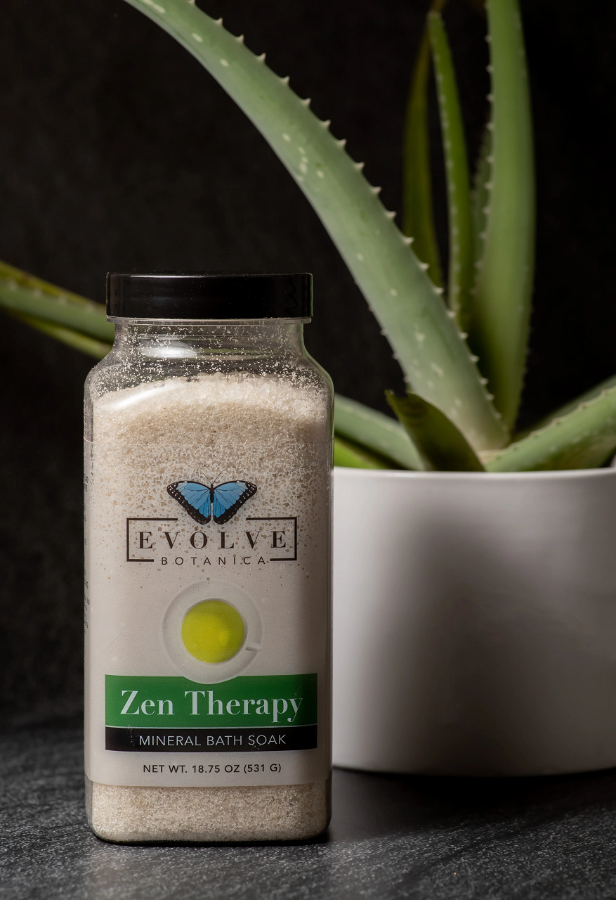 A jar of Mineral Soak - Zen bath salt featuring a blend of Dead Sea salts, Pacific solar salts, lavender, and rosemary essential oils.