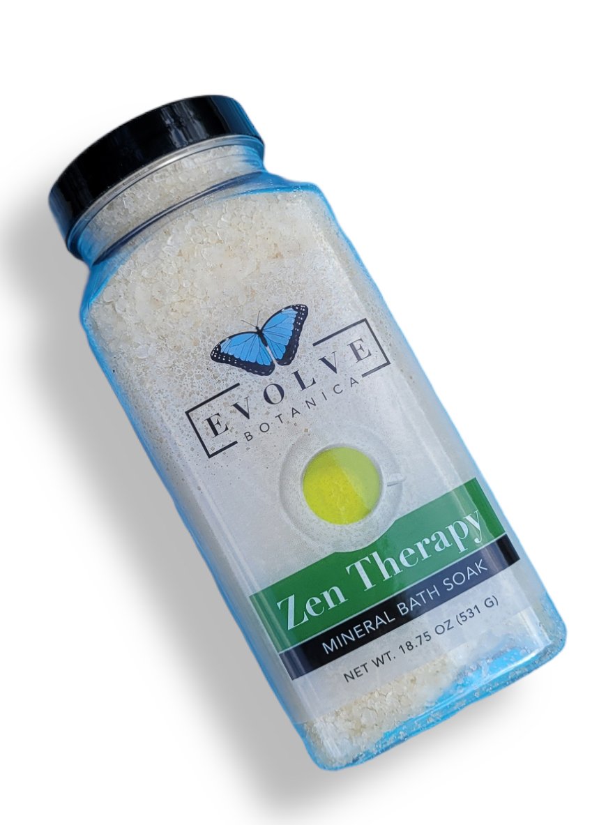 A jar of Mineral Soak - Zen bath salt featuring a blend of Dead Sea salts, Pacific solar salts, lavender, and rosemary essential oils.