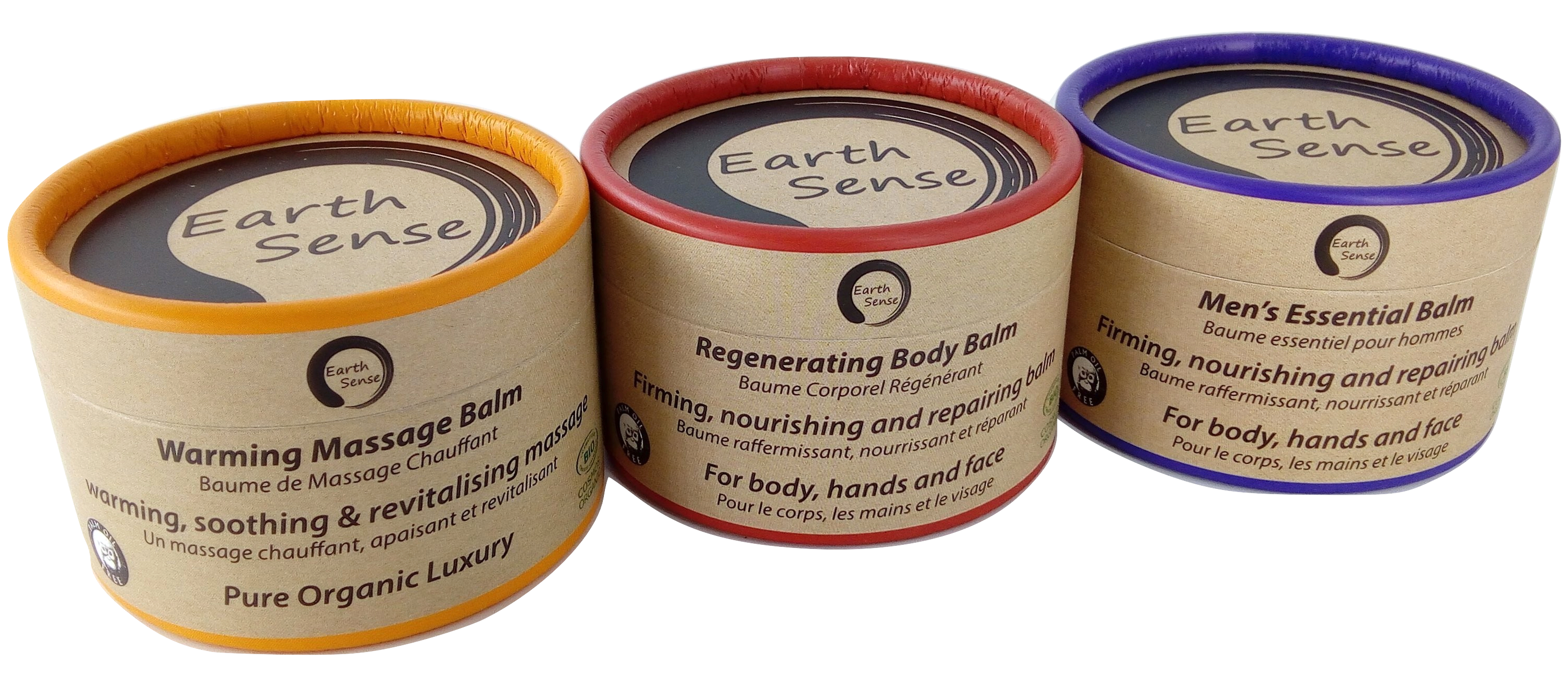 Three jars of 100ml Organic Warming Massage Balm in eco-friendly packaging, showcasing natural ingredients.