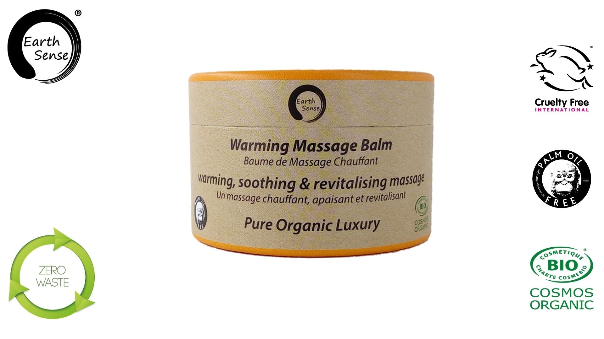 Three jars of 100ml Organic Warming Massage Balm in eco-friendly packaging, showcasing natural ingredients.