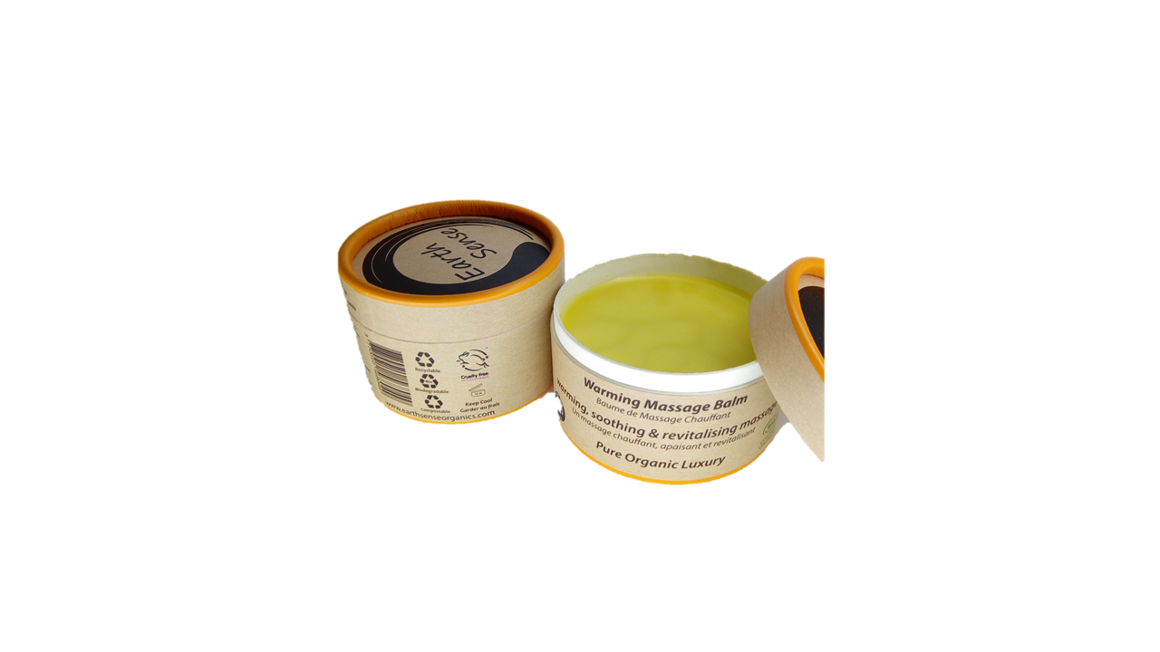 Three jars of 100ml Organic Warming Massage Balm in eco-friendly packaging, showcasing natural ingredients.