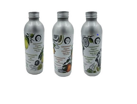 MINI BUNDLE of 3 x 200ml Concentrated Organic Conditioning Hair Rinse bottles, each designed for different hair types: dry, normal, and oily.