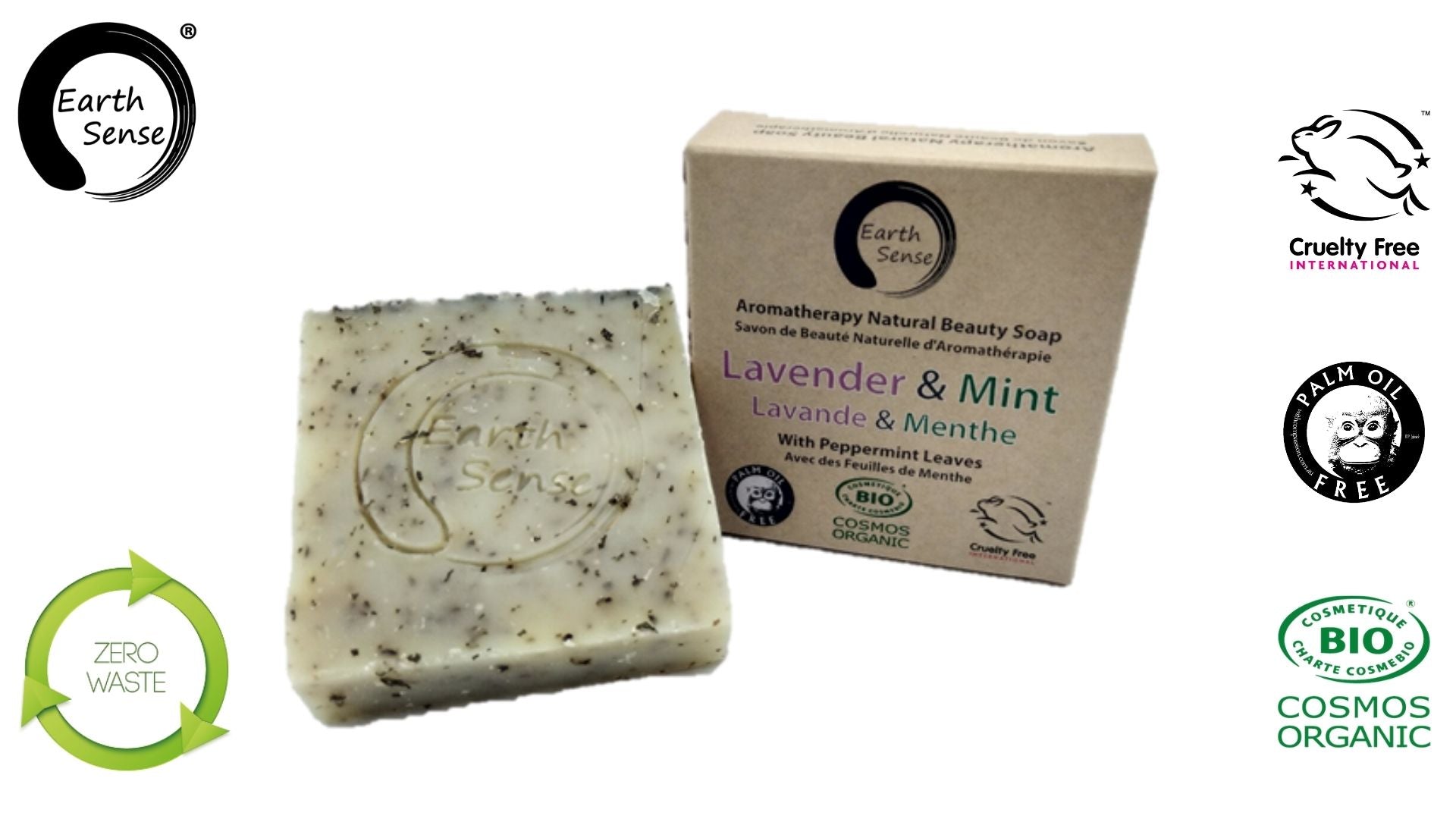 MINI BUNDLE of 4 x 90g Organic Certified Solid Soap featuring Lavender and Mint scents with shredded mint leaves, beautifully packaged.