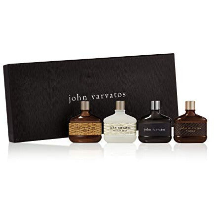 John Varvatos Miniature Gift Set for Men featuring three 15ml EDT bottles: Artisan, Vintage, and Artisan Pure, elegantly packaged.