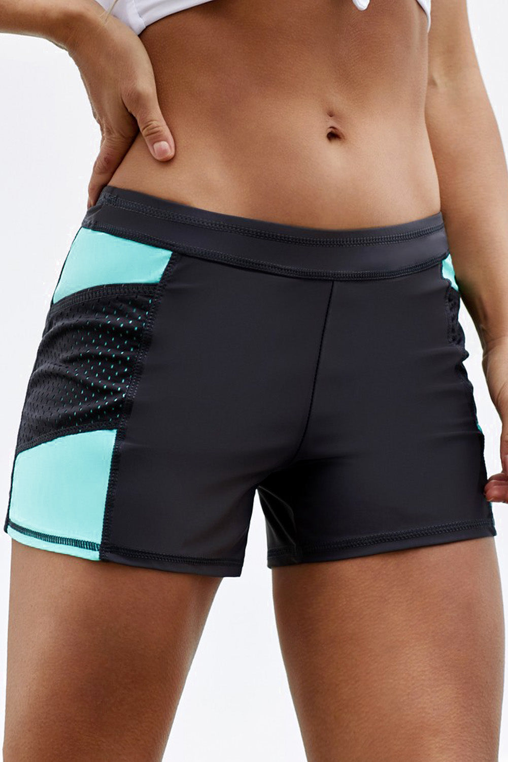 Mint Side Mesh Insert Sports Boardshort featuring a wide waistband and sporty side mesh accents, perfect for active women.