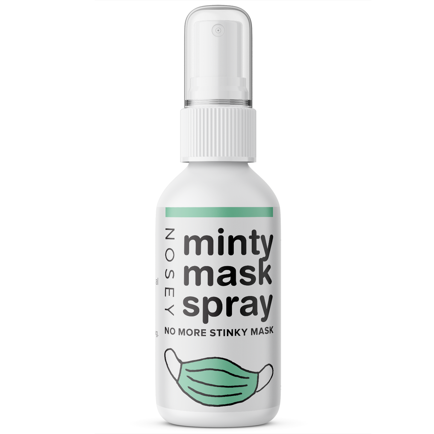 A 2oz glass bottle of Minty Face Mask Spray with a refreshing peppermint scent, designed to neutralize odors in cloth masks.