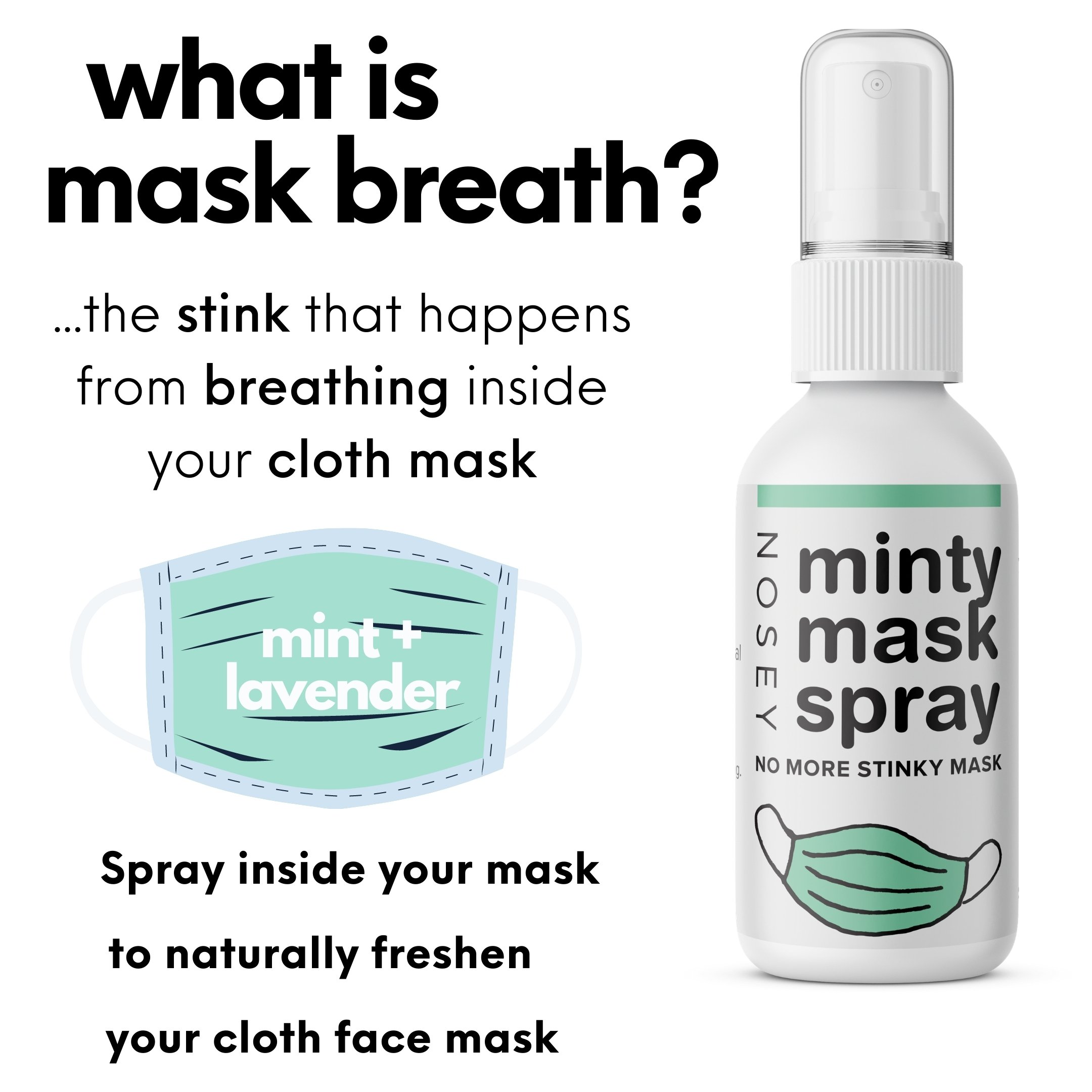 A 2oz glass bottle of Minty Face Mask Spray with a refreshing peppermint scent, designed to neutralize odors in cloth masks.