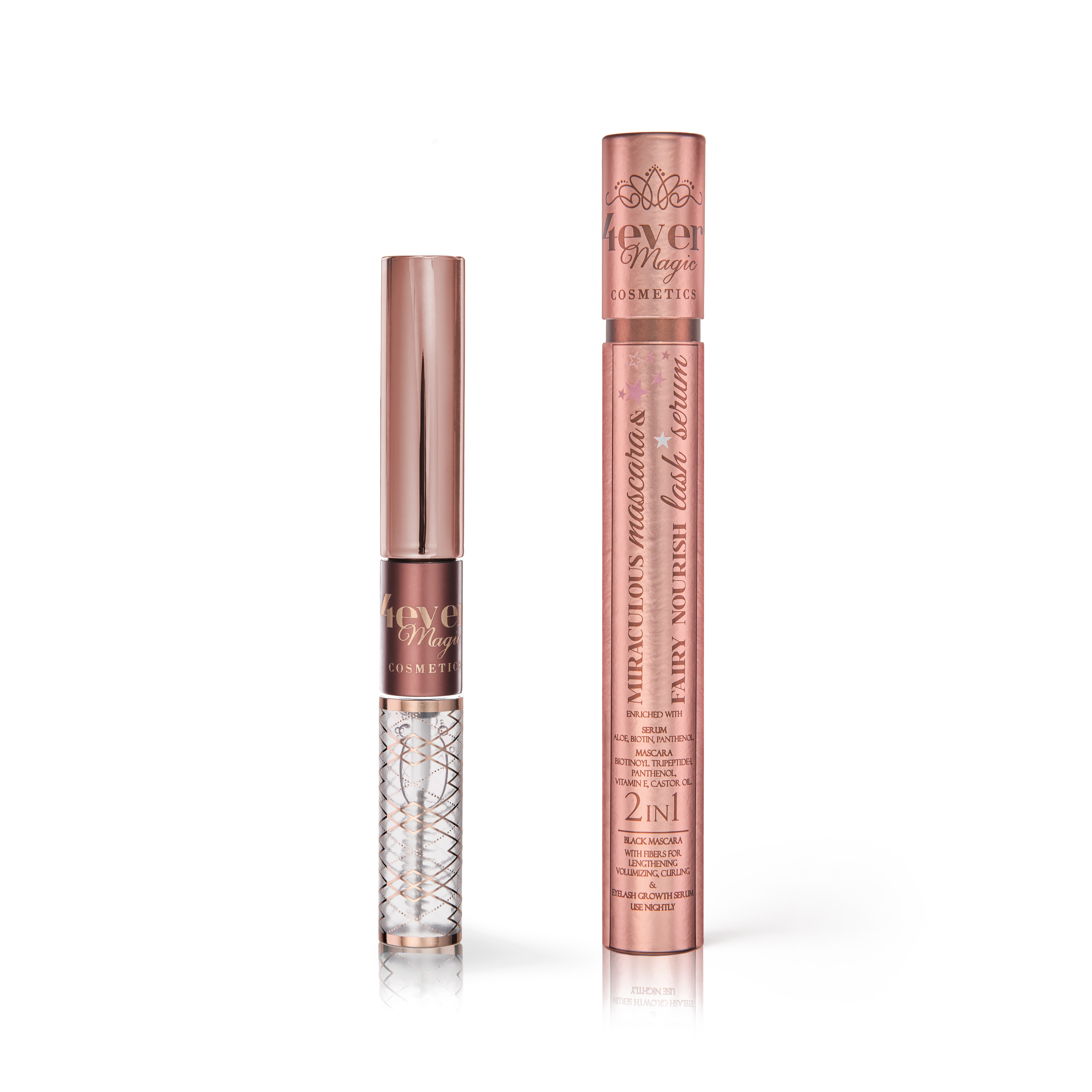 Miraculous Mascara & Fairy Nourish Lash Serum showcasing dual-end design with mascara on one side and nourishing serum on the other, highlighting its sleek packaging.