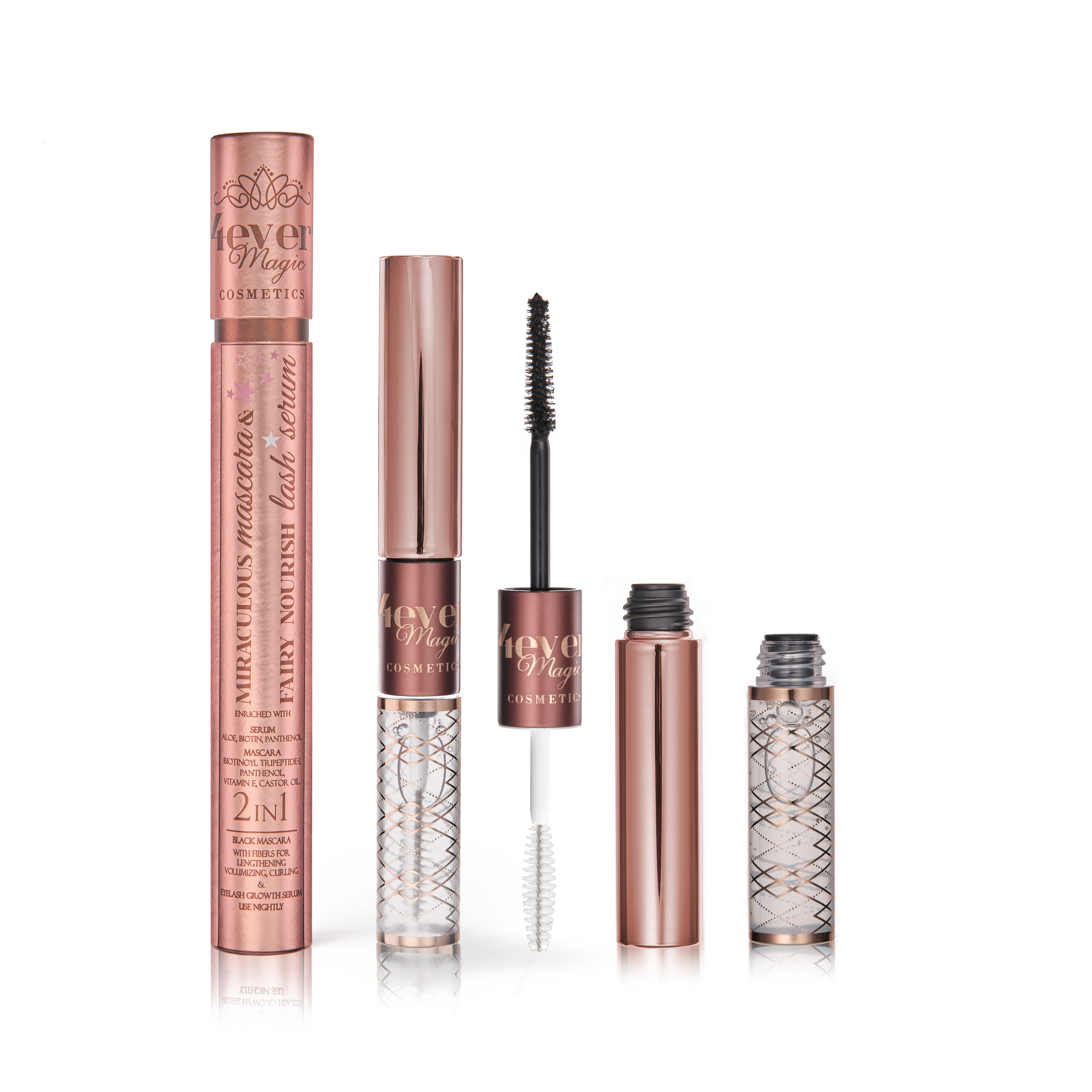 Miraculous Mascara & Fairy Nourish Lash Serum showcasing dual-end design with mascara on one side and nourishing serum on the other, highlighting its sleek packaging.