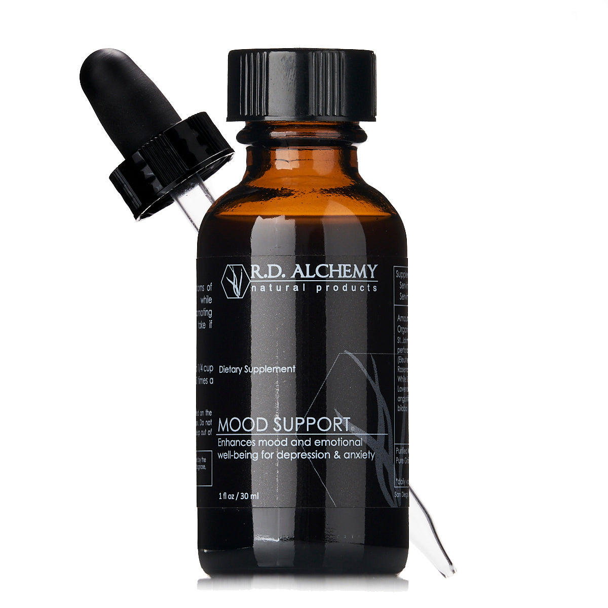 A bottle of Mood Support Extract with a dropper, designed to enhance emotional wellness and balance serotonin levels.