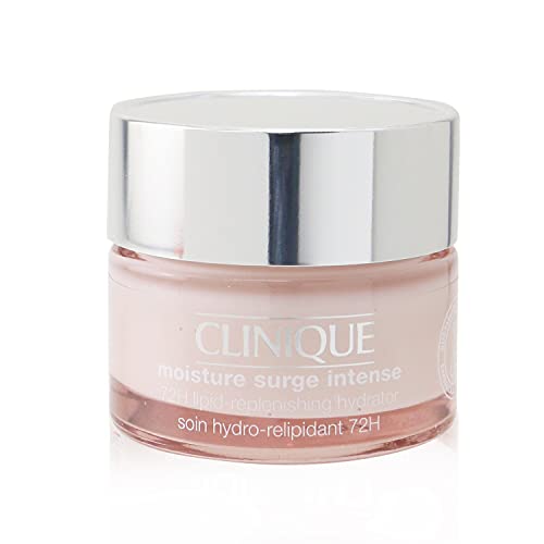 Clinique Moisture Surge Intense 72H Lipid-Replenishing Hydrator Cream-Gel in a sleek jar, showcasing its creamy texture.