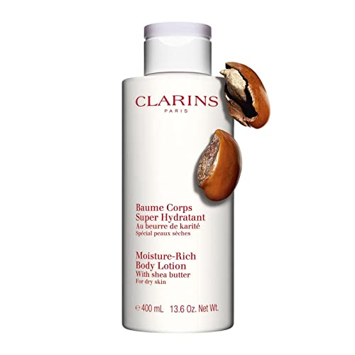 A bottle of Clarins Moisture-Rich Shea Butter Body Lotion with a creamy texture, showcasing its hydrating properties.