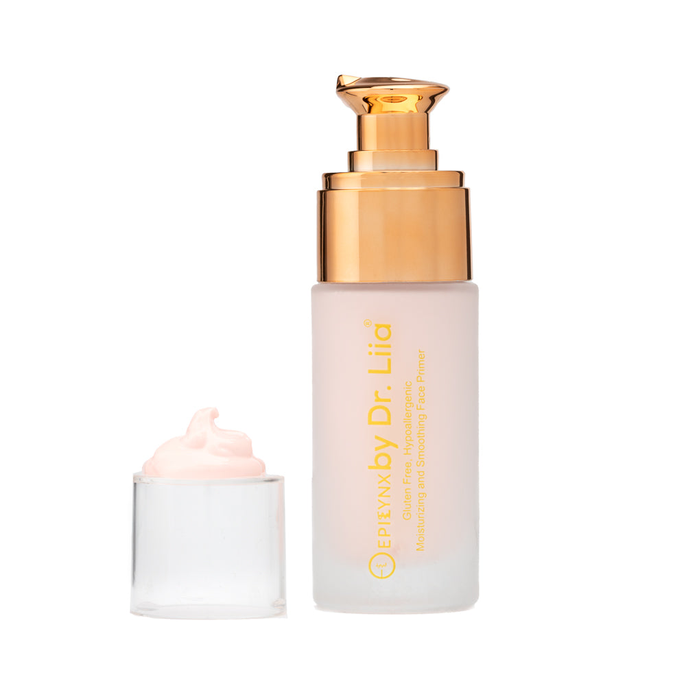 Moisturizing and Smoothing Face Primer in a sleek bottle, showcasing its vegan and gluten-free formula with a floral design.