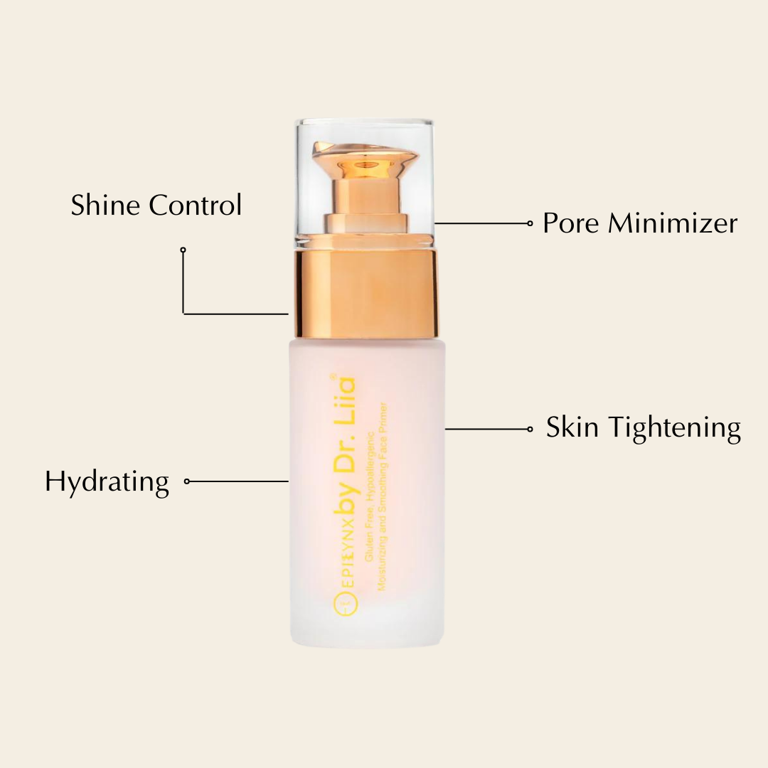 Moisturizing and Smoothing Face Primer in a sleek bottle, showcasing its vegan and gluten-free formula with a floral design.