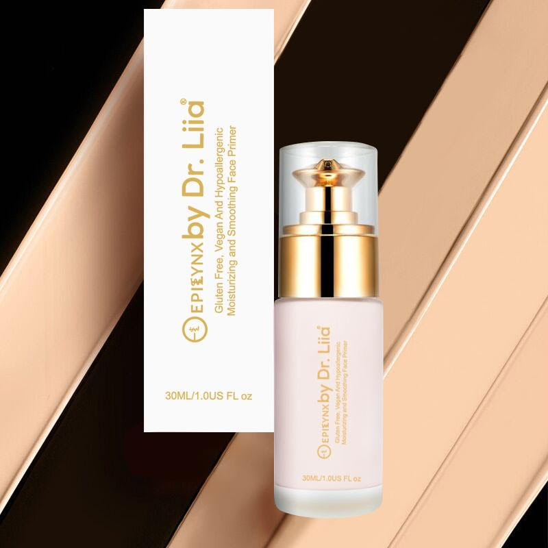 Moisturizing and Smoothing Face Primer in a sleek bottle, showcasing its vegan and gluten-free formula with a floral design.