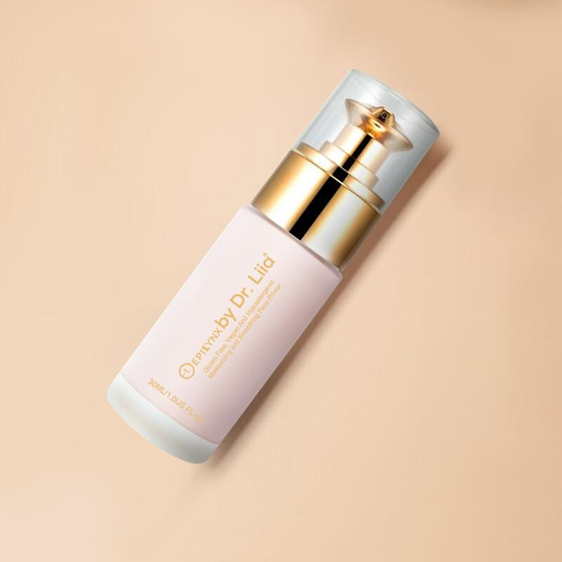 Moisturizing and Smoothing Face Primer in a sleek bottle, showcasing its vegan and gluten-free formula with a floral design.