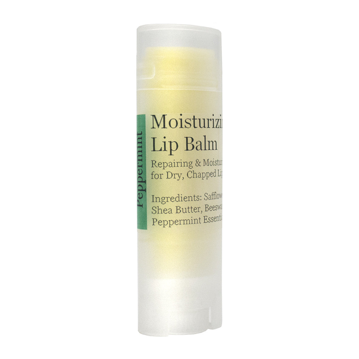 A tube of moisturizing lip balm with a natural design, showcasing its healing properties for dry, chapped lips.