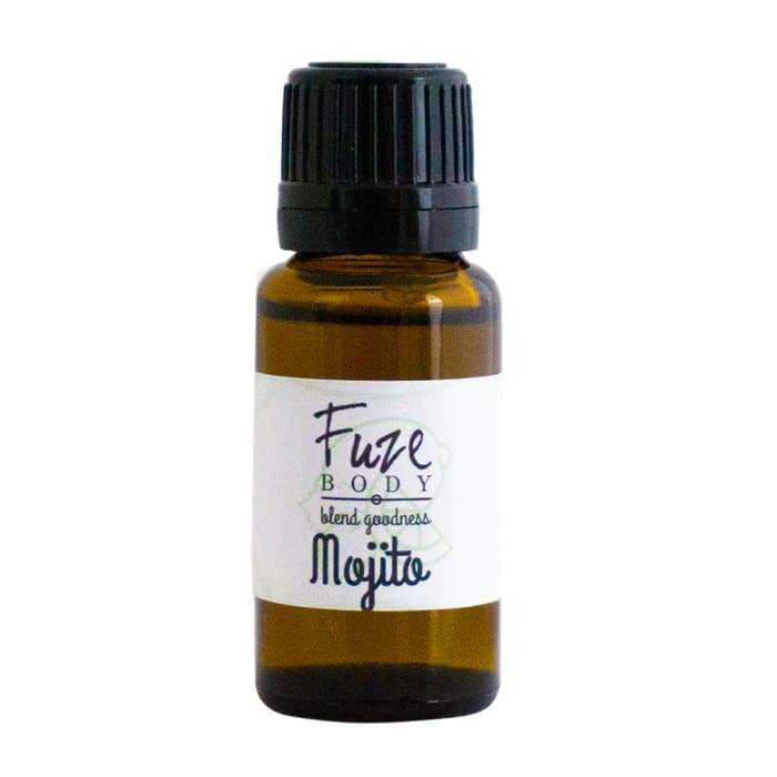 Mojito Blend Pure Essential Oil Bottle - 15ml with lime and peppermint ingredients, showcasing a refreshing and calming aroma.