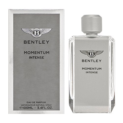 A sleek and elegant bottle of Bentley Momentum Intense Eau de Parfum, showcasing its luxurious design and rich fragrance.