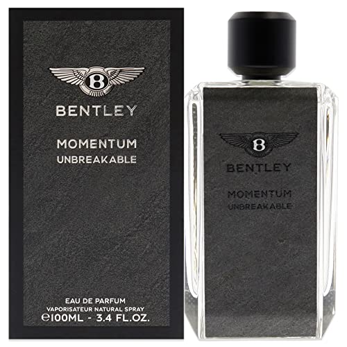 A sleek and elegant bottle of Bentley Momentum Unbreakable Eau de Parfum, showcasing its sophisticated design and luxurious appeal.