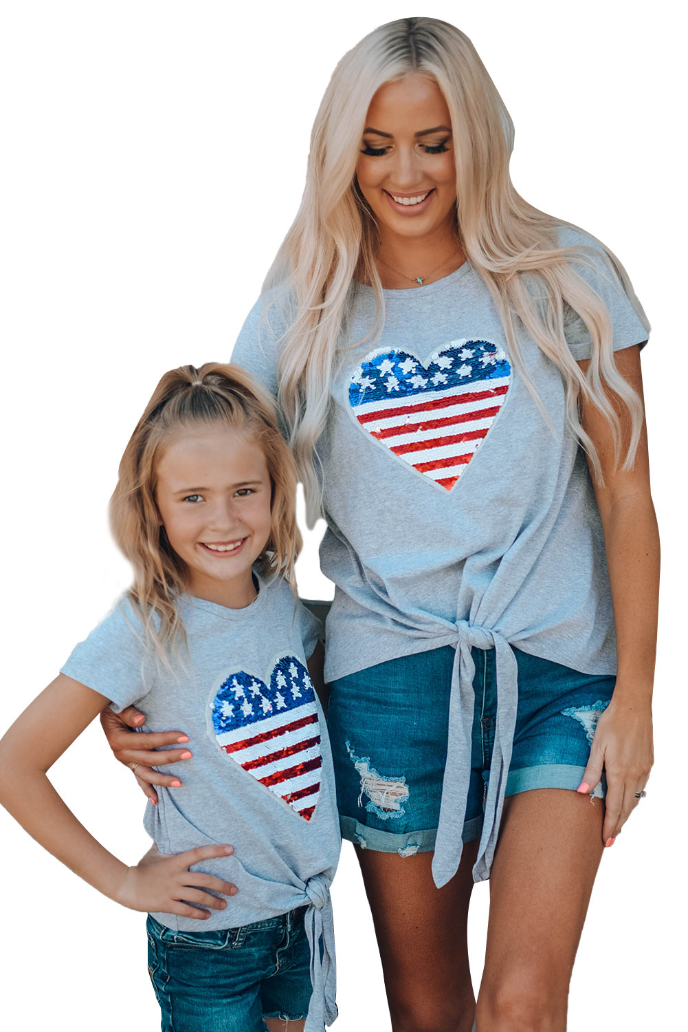 Mommy Patriotic Flag Sequin Heart Applique Knot Top featuring a heart-shaped flag design, soft gray fabric, and stylish knot hem.