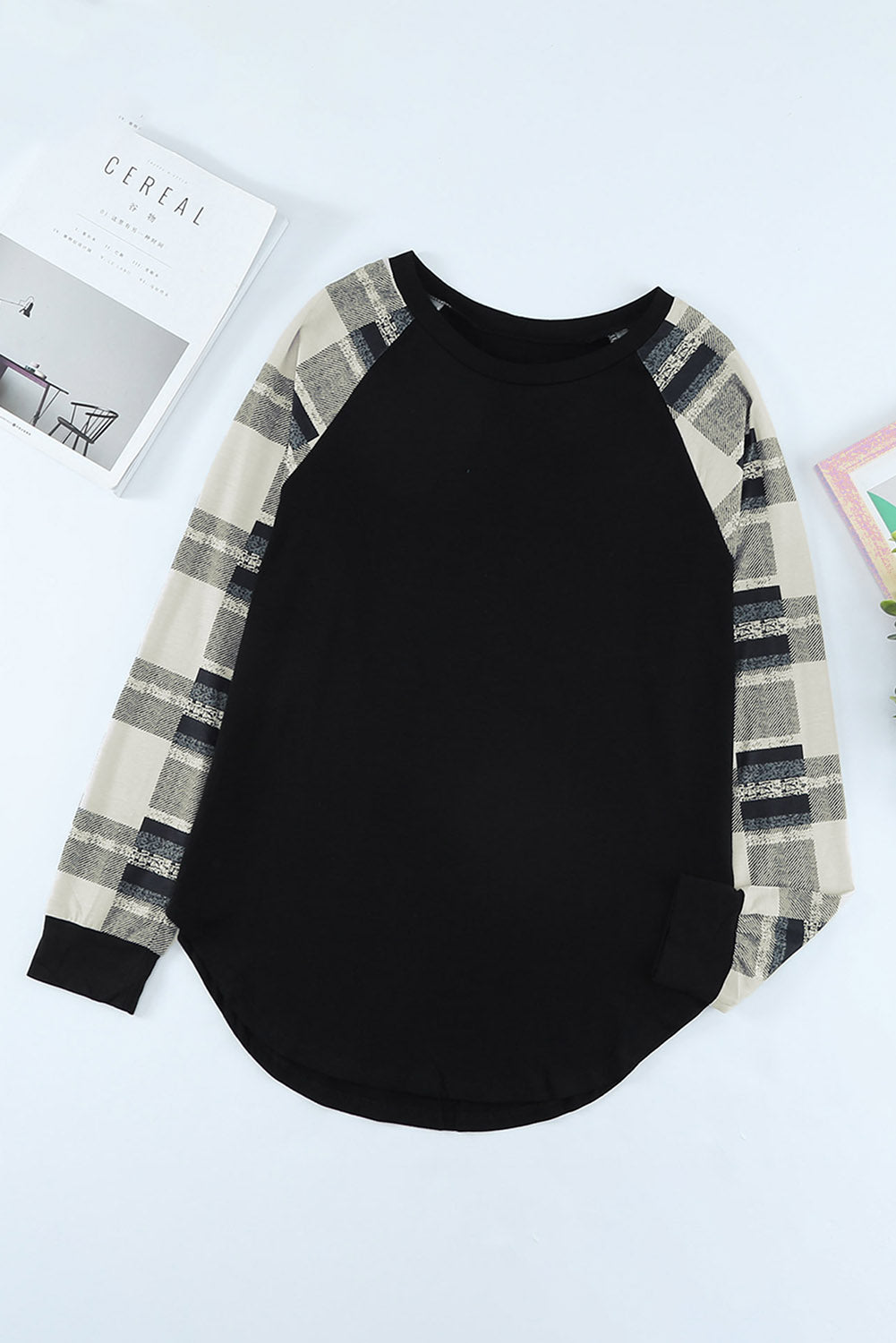 Monochrome plaid long sleeves black pullover top featuring colorblocked sleeves and a round neckline, perfect for casual and stylish outfits.