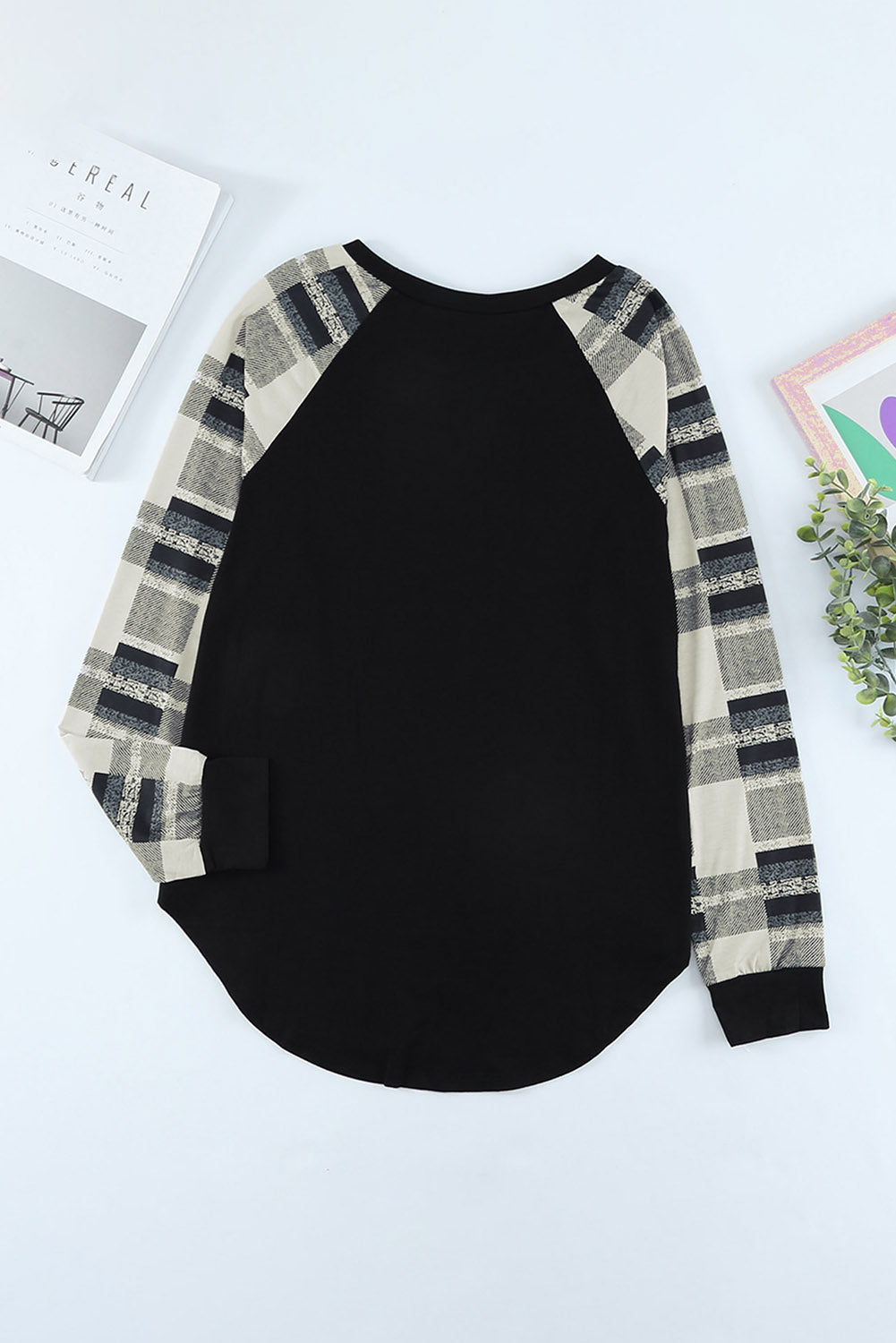 Monochrome plaid long sleeves black pullover top featuring colorblocked sleeves and a round neckline, perfect for casual and stylish outfits.