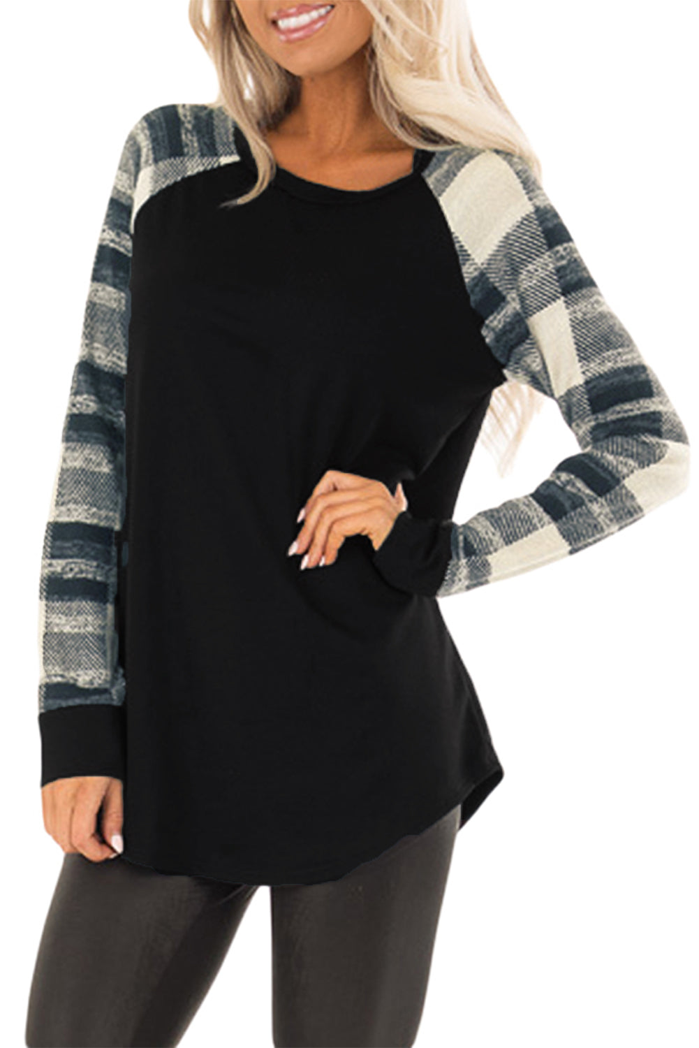 Monochrome plaid long sleeves black pullover top featuring colorblocked sleeves and a round neckline, perfect for casual and stylish outfits.