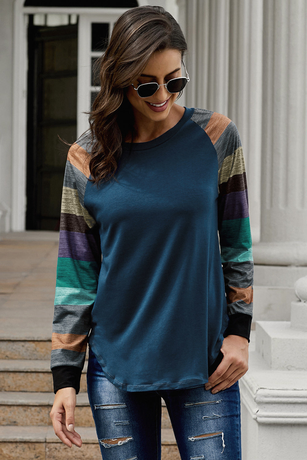 Monochrome plaid long sleeves black pullover top featuring colorblocked sleeves and a round neckline, perfect for casual and stylish outfits.