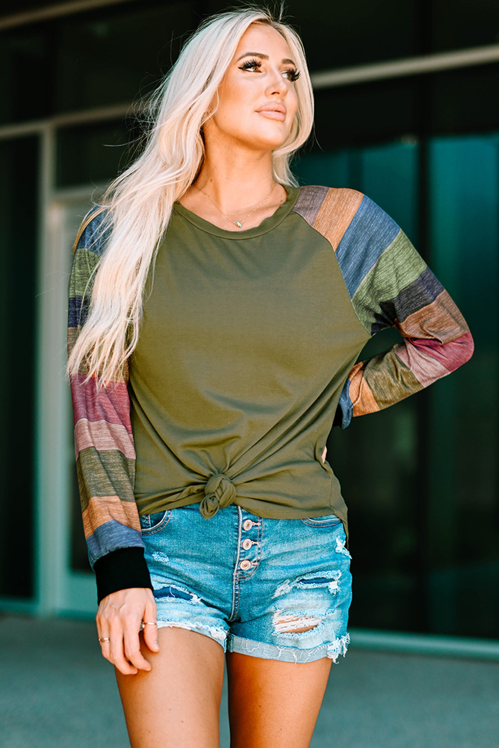 Monochrome plaid long sleeves black pullover top featuring colorblocked sleeves and a round neckline, perfect for casual and stylish outfits.