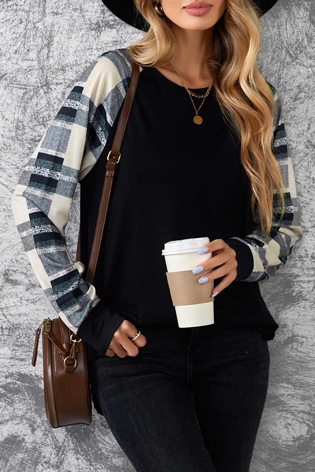 Monochrome plaid long sleeves black pullover top featuring colorblocked sleeves and a round neckline, perfect for casual and stylish outfits.