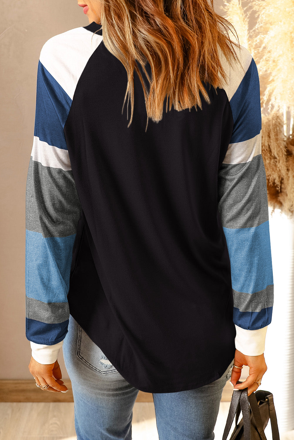 Monochrome plaid long sleeves black pullover top featuring colorblocked sleeves and a round neckline, perfect for casual and stylish outfits.