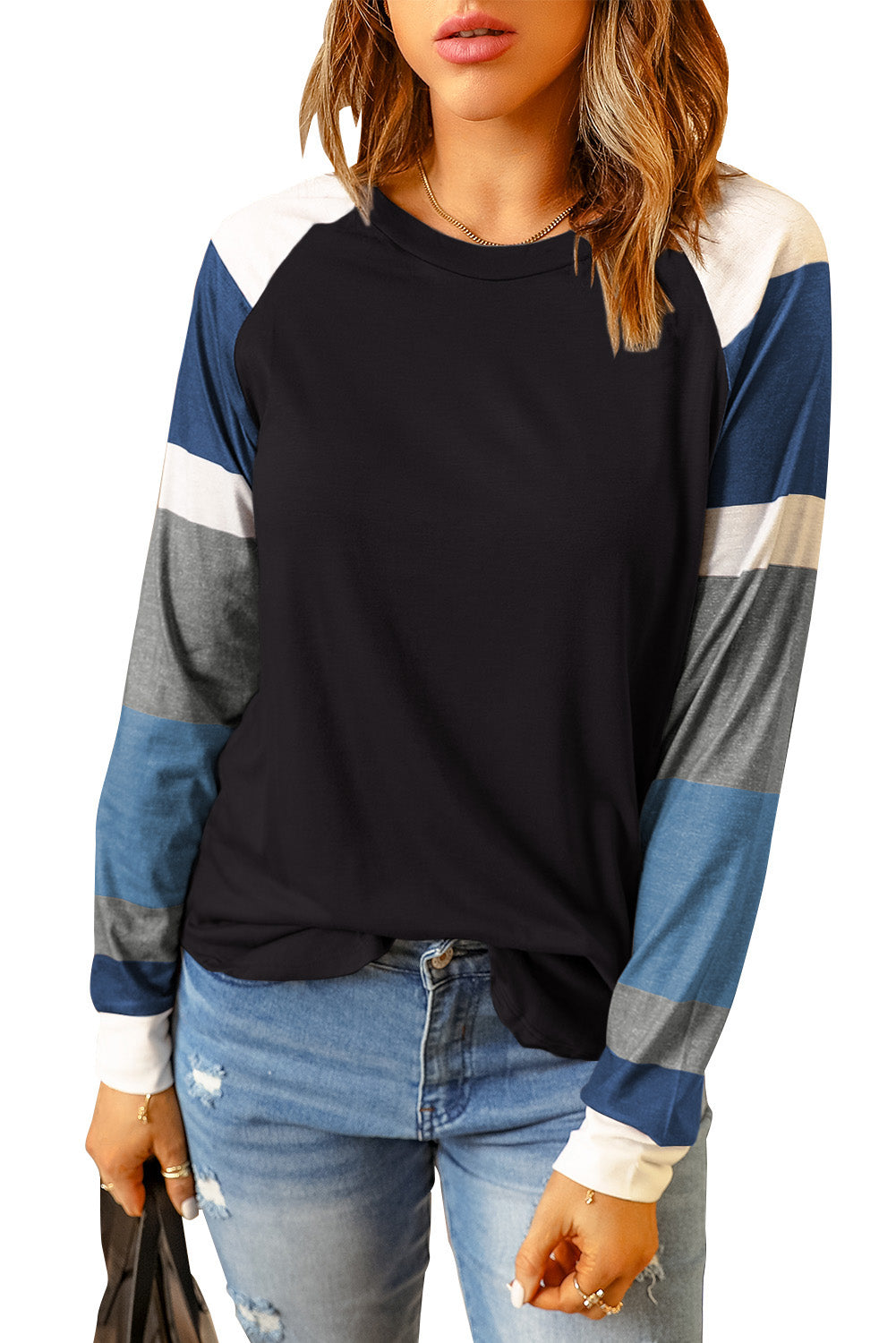 Monochrome plaid long sleeves black pullover top featuring colorblocked sleeves and a round neckline, perfect for casual and stylish outfits.